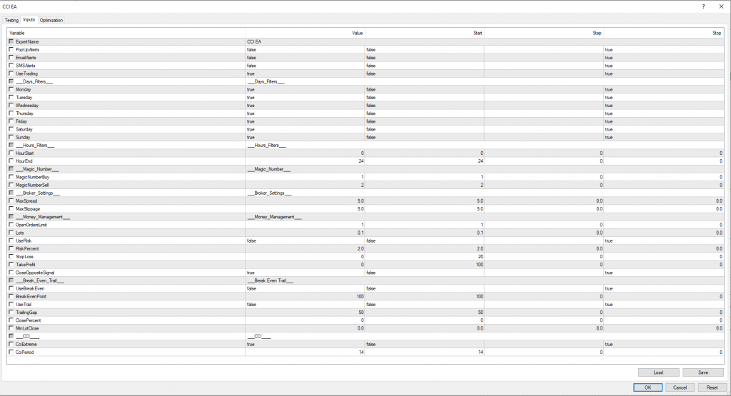 CCI EA Settings CCI EA Settings