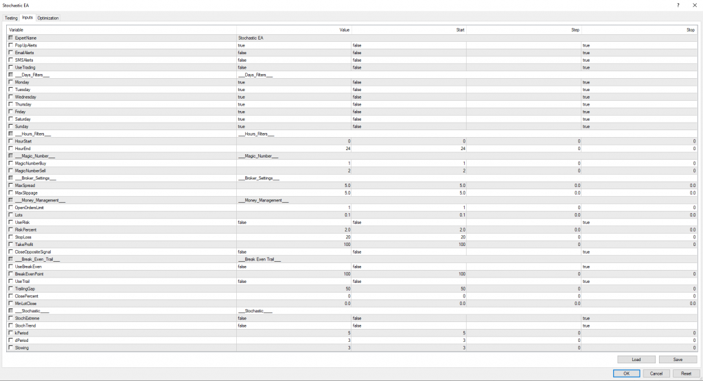Stochastic EA Settings Stochastic EA Settings
